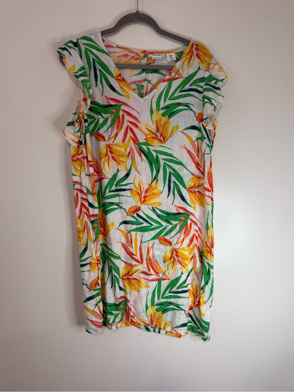 Nicole Miller Linen Tropical Leaf Print Shift Dress Green & Yellow size large